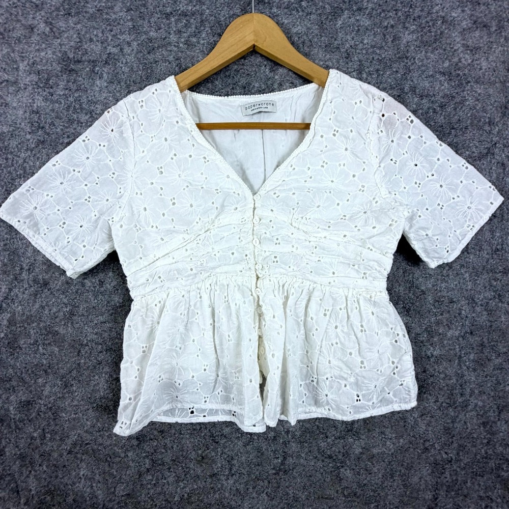Paper Crane Peplum Blouse Womens Large White Eyelet Cropped Button Ruffle Top